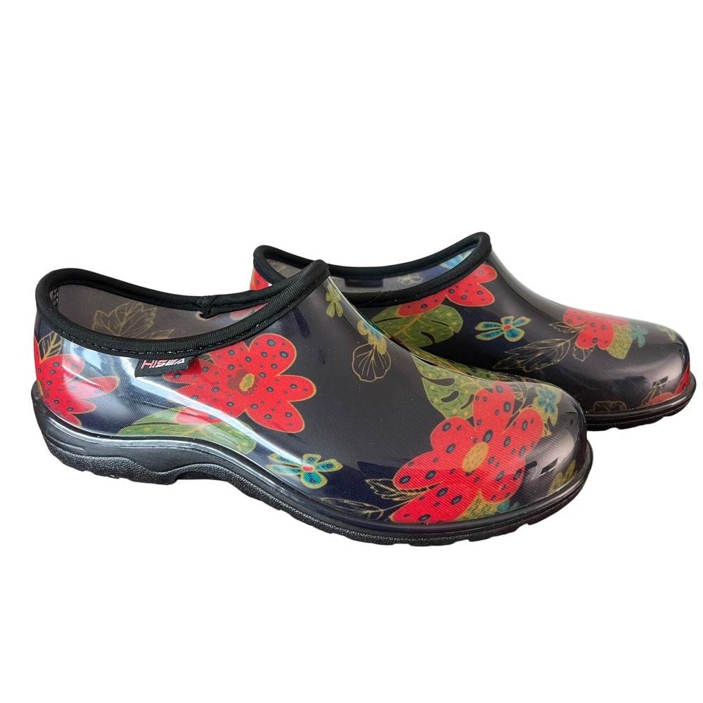HISEA Womens Floral Garden Clogs Black Waterproof Rain Shoes Size 9